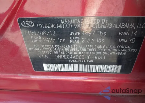 2013 Hyundai Sonata Limited 2.0T z USA, uszkodzony, nr VIN 5NPEC4AB6DH619683